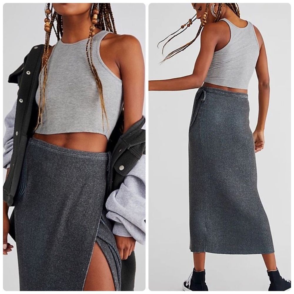 Free People - Borderline Midi Skirt Ribbed Wrap Skirt Carbon
